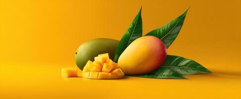 The vibrant arrangement of ripe mangoes and fresh leaves on a yellow background. photo