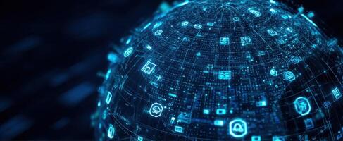 The futuristic digital globe showcasing a network of interconnected icons and data. photo