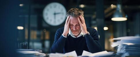 The stressed businessman surrounded by paperwork in a busy office environment photo