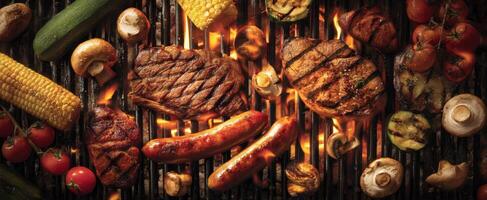 The Perfectly Grilled Meat and Vegetables on a Barbecue Grill photo