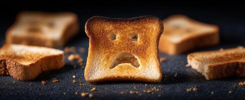 The sad toast expressing emotion with a frowning face in a dark setting. photo