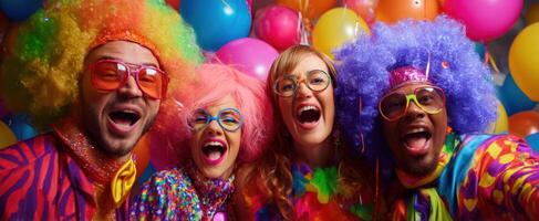 The joyful group of clowns enjoying a vibrant party atmosphere together. photo