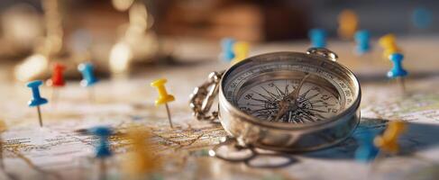 The elegant compass resting on a detailed map with colorful pins. photo