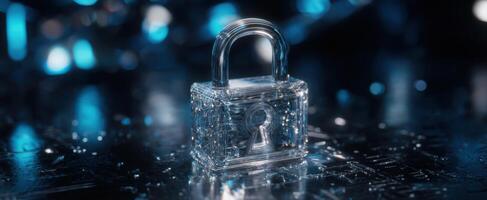 The transparent padlock illuminated by blue light on a reflective surface. photo