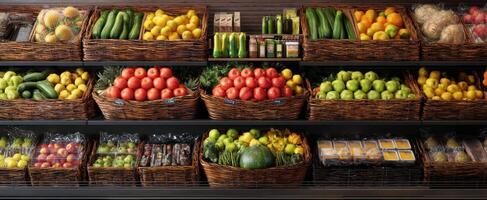 The vibrant display of fresh fruits and vegetables in a grocery store. photo