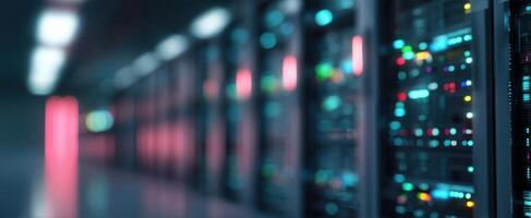 The vibrant server room illuminated with digital technology and connectivity elements. photo