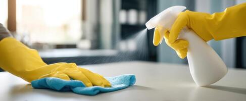 The person applying cleaner to the surface with a cloth and spray bottle. photo