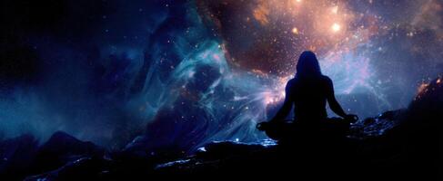 The Meditative Figure in a Cosmic Universe Surrounded by Stars and Galaxies photo