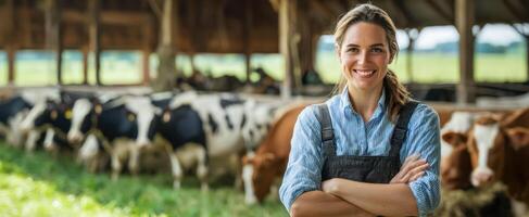 The smiling farmer in a dairy barn with cows in the background. photo