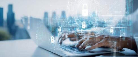 The Laptop Displays a Digital Security Interface with Lock Symbols. photo