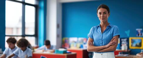 The confident teacher leading students in a vibrant, engaging classroom setting. photo