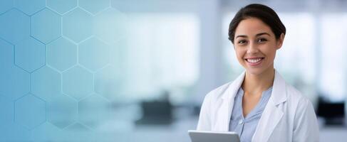 The confident doctor smiling while holding a tablet in a modern laboratory setting. photo