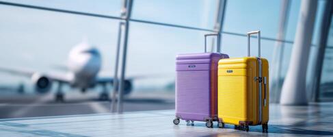 The colorful suitcases waiting at the airport terminal for their journey. photo
