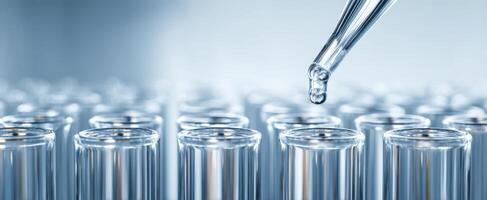The precise moment of a pipette dropping liquid into laboratory test tubes. photo
