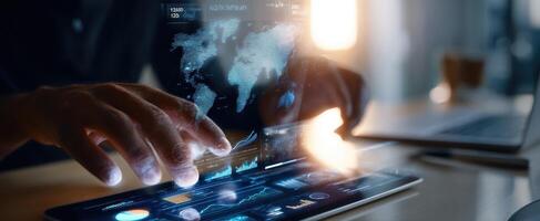 The advanced tablet displaying global data analytics for modern business insights. photo