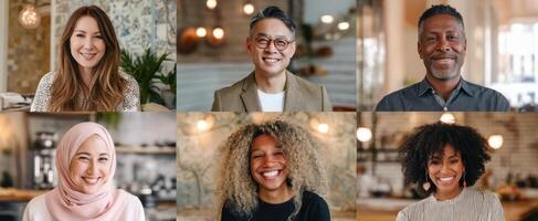 The diverse group of smiling individuals in a warm, inviting setting. photo