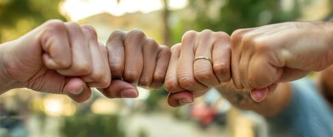 The unity of hands displaying friendship and connection in a vibrant outdoor setting. photo
