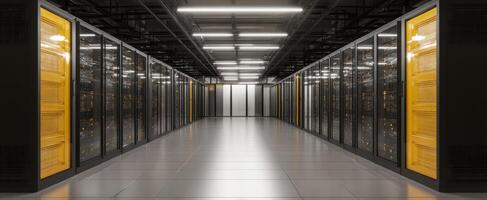 The modern data center with rows of organized server racks and bright lighting. photo