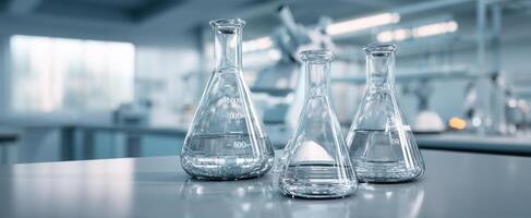 The laboratory glassware collection showcasing precision measuring flasks and beakers. photo