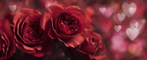 The beautiful red roses surrounded by soft heart bokeh effect. photo