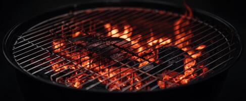 The fiery grill showcasing delicious barbecue food preparation and cooking. photo