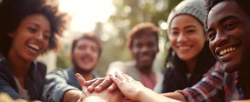 The joyful moment of friends uniting in a display of teamwork and connection. photo
