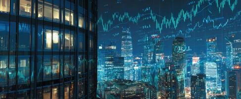 The night skyline illuminated by data-driven financial analytics and modern architecture. photo