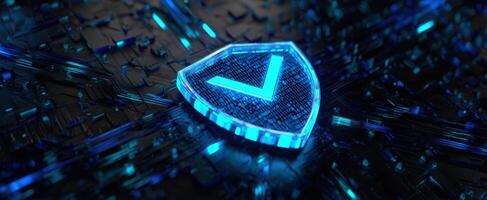 The glowing blue shield symbolizing cybersecurity and digital protection. photo