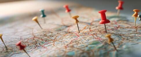 The map with colorful pins highlighting different locations and journeys. photo