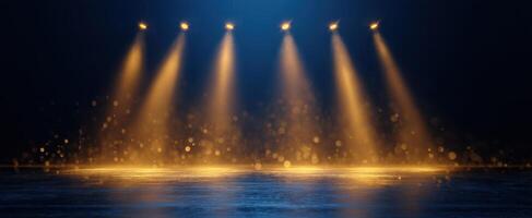 The enchanting stage with glowing spotlights illuminating an empty performance area. photo