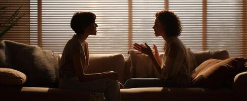 The two women engaged in a heartfelt conversation on a cozy sofa. photo