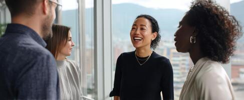 The professionals engaging in lively conversation with smiles and city views. photo