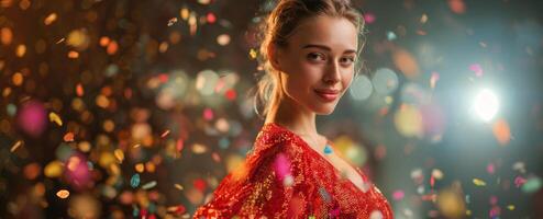 The joyful young woman celebrating in vibrant confetti and festive atmosphere. photo
