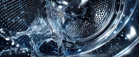 The washing machine in action with water splashing inside. photo