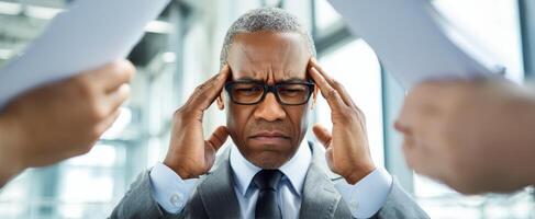 The businessman overwhelmed by stress in a busy office environment photo