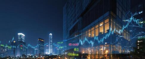 The futuristic city skyline showcasing financial data analytics in action. photo