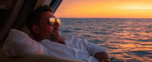 The contemplative man enjoying a serene sunset over the ocean from a yacht. photo