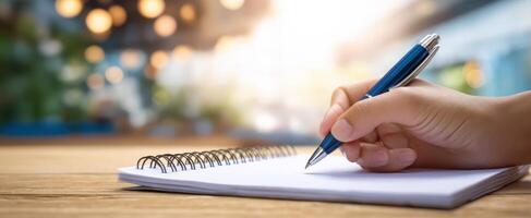 The hand holding a pen writing on a blank notebook in a bright workspace photo