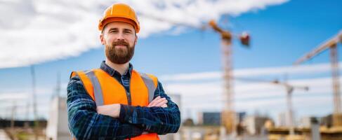 The confident construction worker posing proudly at the building site. photo