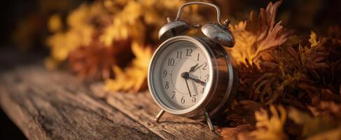 The Vintage Alarm Clock Surrounded by Autumn Leaves and Warm Light photo