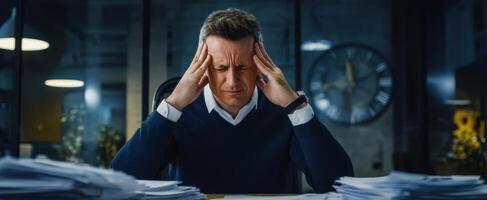 The overwhelmed businessman in a cluttered office under pressure. photo