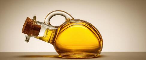 The elegant glass bottle showcasing golden oil in a warm setting photo