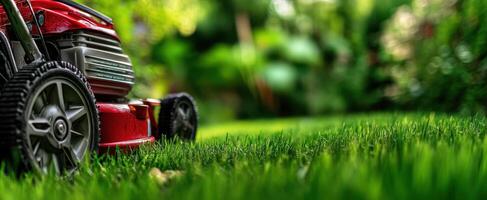 The vibrant red lawnmower amidst lush green grass in a tranquil garden setting. photo