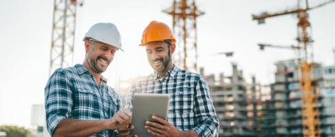 The construction workers collaborating on a tablet at a building site. photo