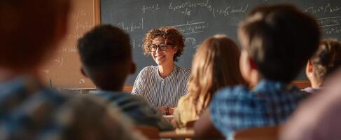 The teacher engaging with students in a lively classroom discussion. photo