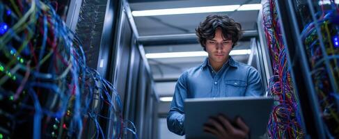 The technician analyzing data within a modern server room filled with cables. photo