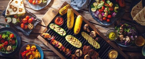 The vibrant spread of grilled vegetables and savory meats on a wooden table. photo