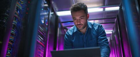 The focused technician analyzing data in a vibrant server room environment. photo