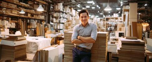 The smiling manager in a bustling warehouse filled with packaging materials. photo