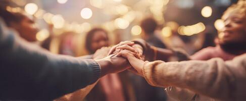 The unity of hands coming together in a joyful celebration of community. photo